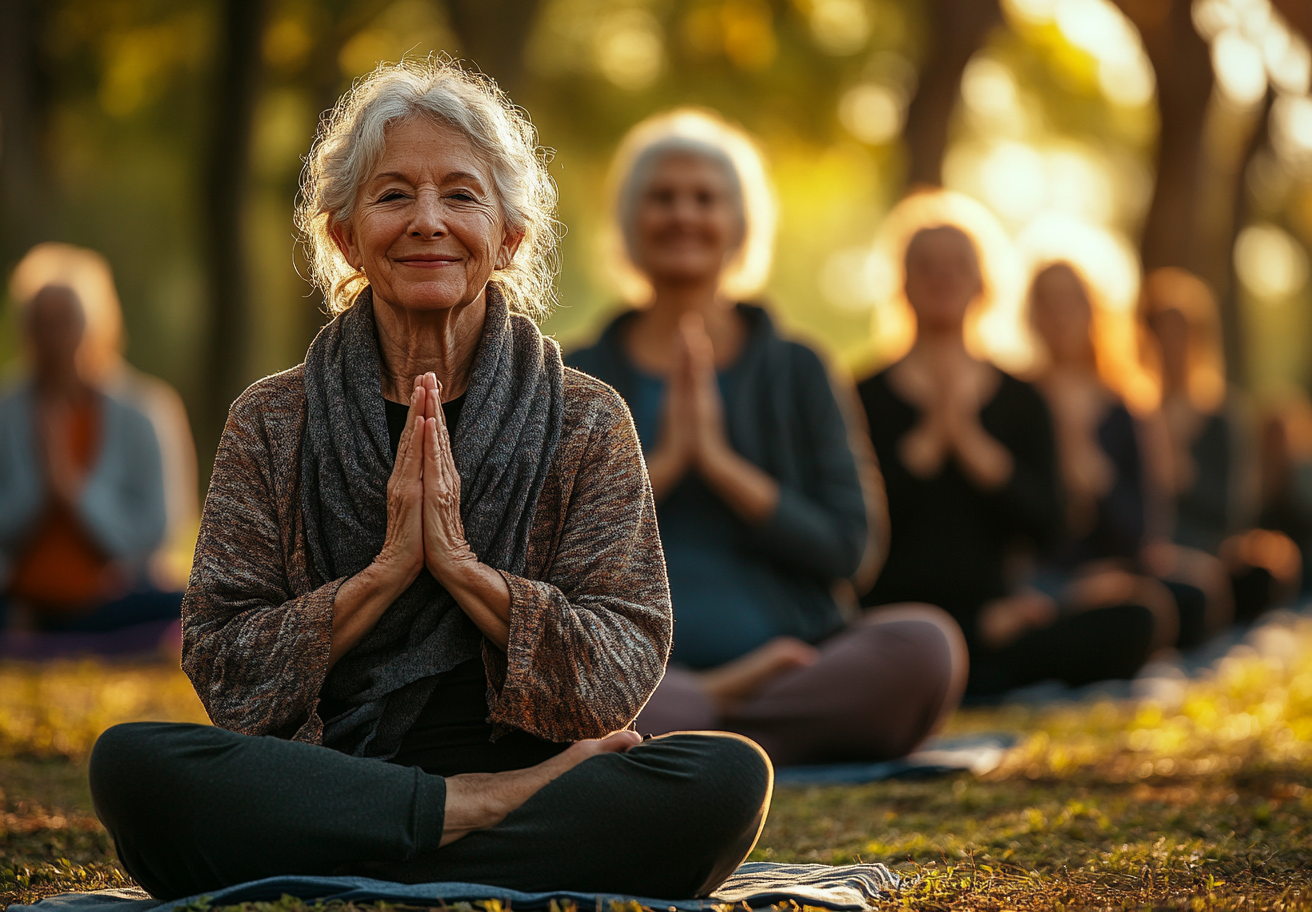 Група людей старшого віку займається йогою на природі